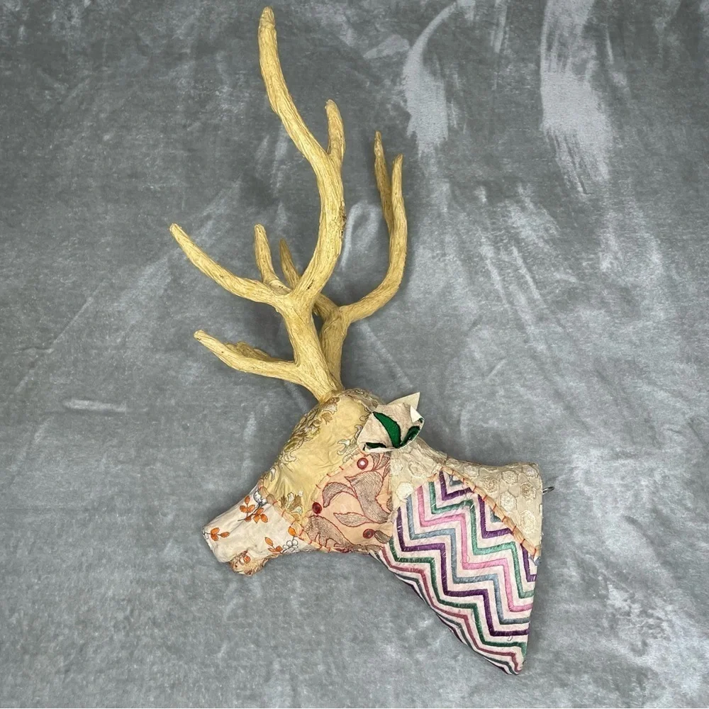 Faux Kantha Patchwork Deer Stag Fabric Covered Wall Decor Gold Antlers Boho